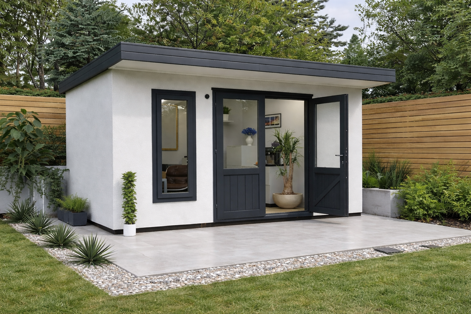 Rendered garden room with a modern white exterior and dark framed glazing